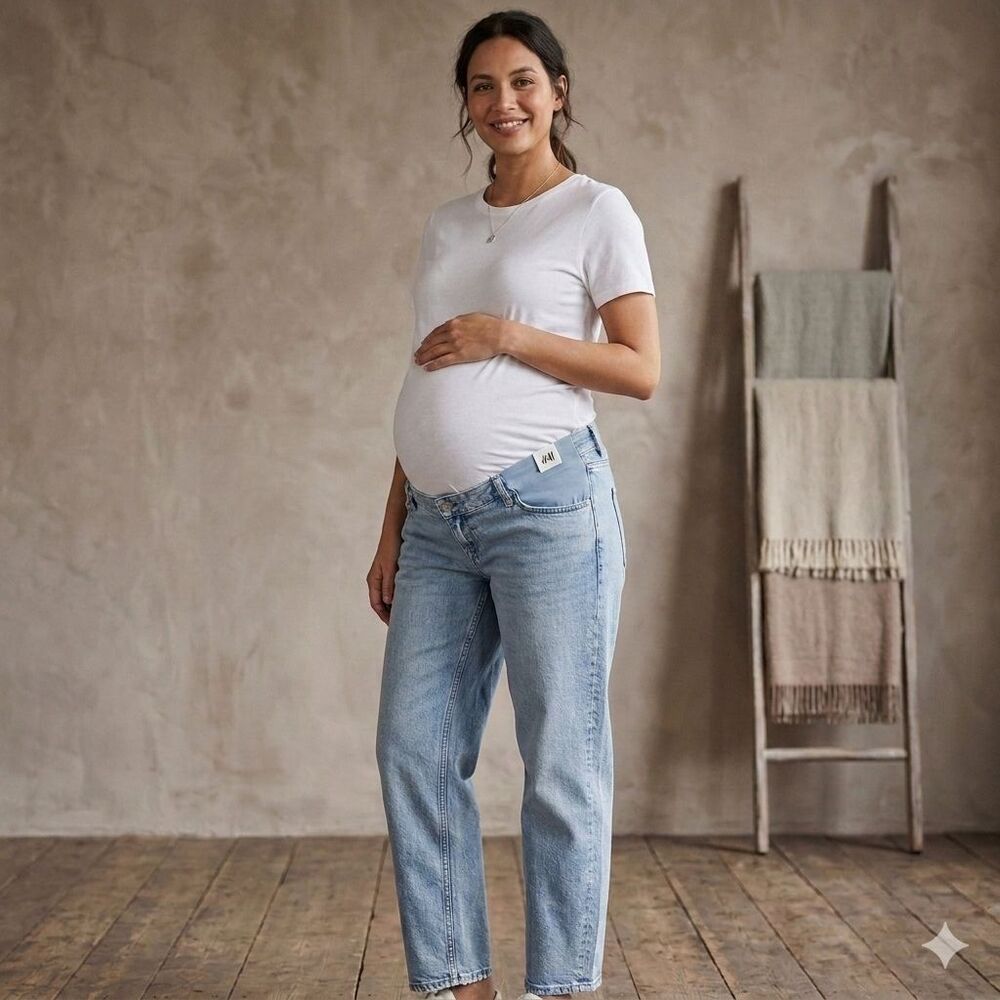 HM Mama Jeans Size XL Light Blue Distressed Crop Straight Leg Maternity Denim